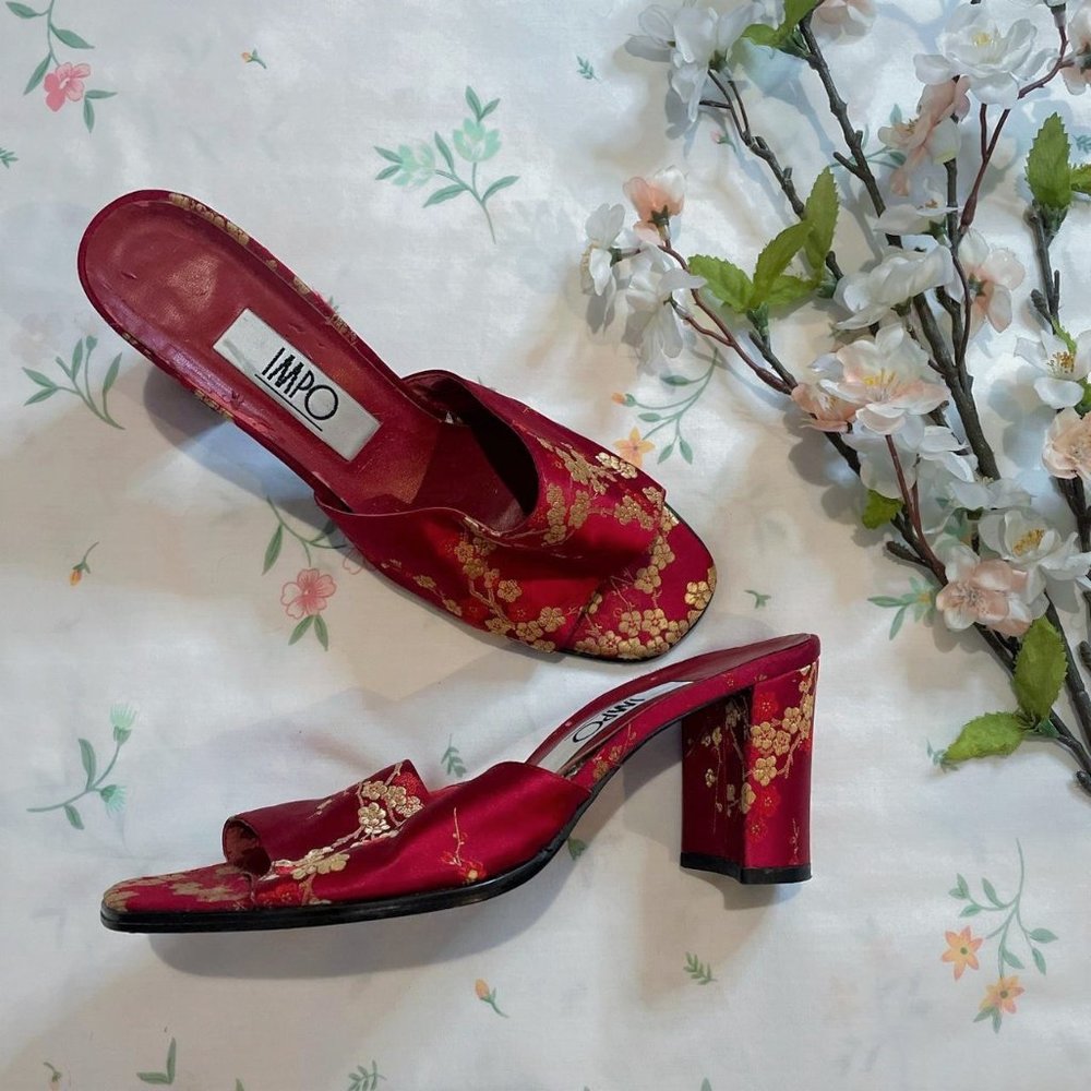 y2k 2000s Impo Red Chinoiserie Floral Print Block Heels Size 6/7